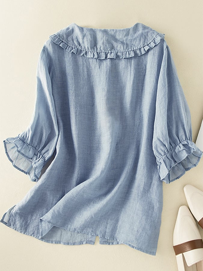 Women's Fashionable Cotton Shirt with Loose Ruffled Neck