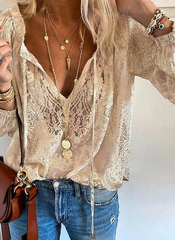 Chic Boho Blouse Featuring a Cutout Neckline