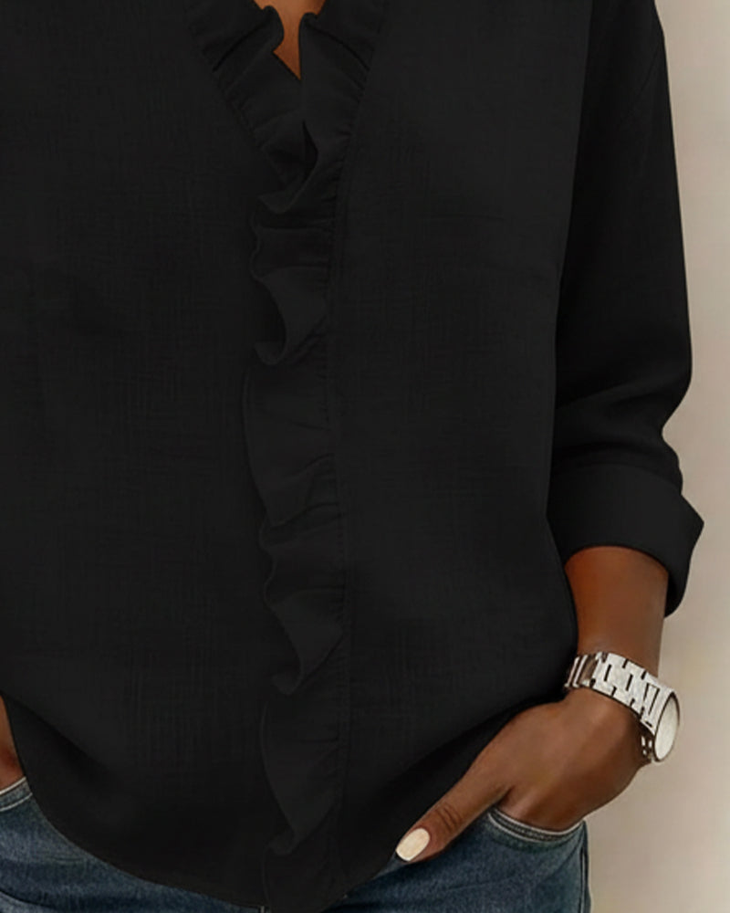 Women's Ruffle V-Neck Long Sleeve Blouse Spring Top