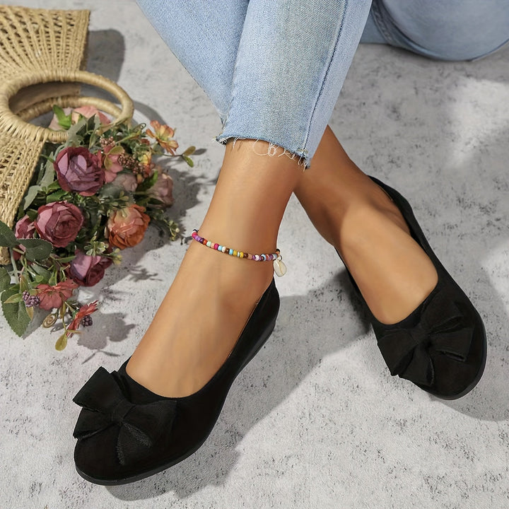 Women's Wedge Ballet Flats Bow Detail Suede Slip On Shoes