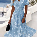 Floral Print V Neck Short Sleeve Beach Dress A-Line Dress