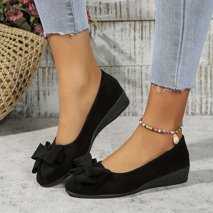 Women's Wedge Ballet Flats Bow Detail Suede Slip On Shoes
