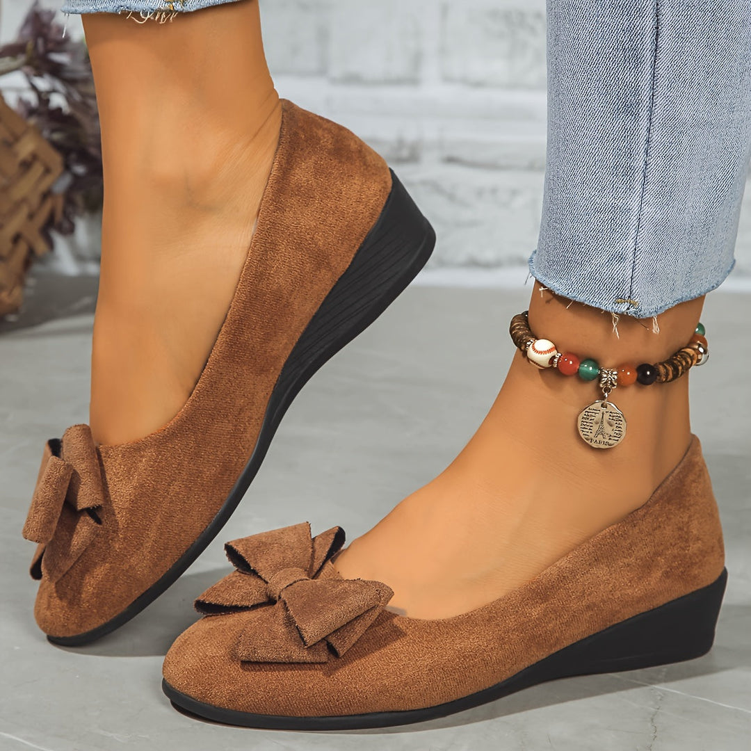 Women's Wedge Ballet Flats Bow Detail Suede Slip On Shoes