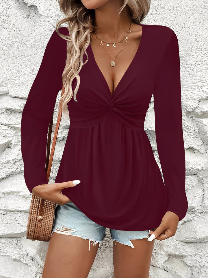 Draped V-Neck Top With Luxe Twist Detail
