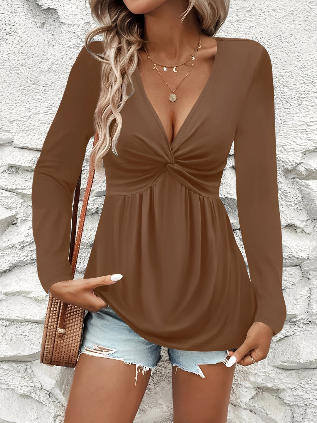 Draped V-Neck Top With Luxe Twist Detail