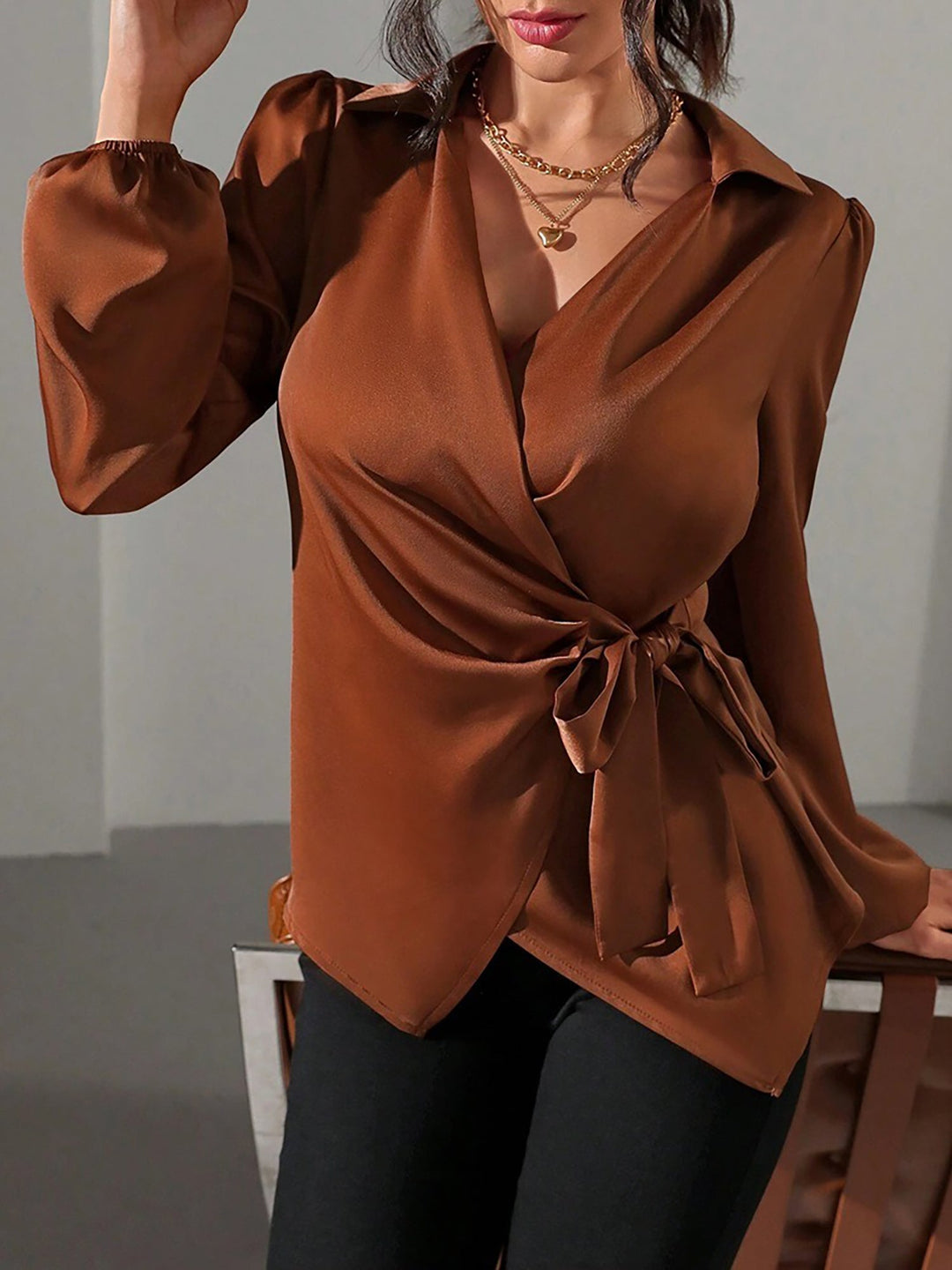 Satin Wrap Tie Blouse