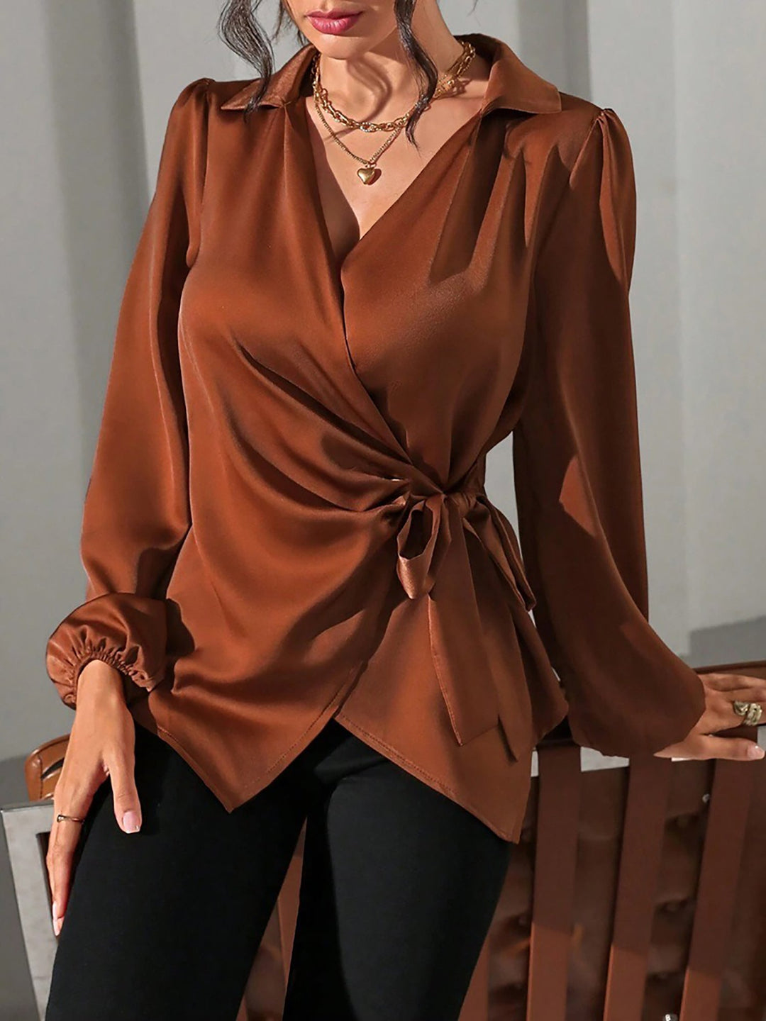 Satin Wrap Tie Blouse