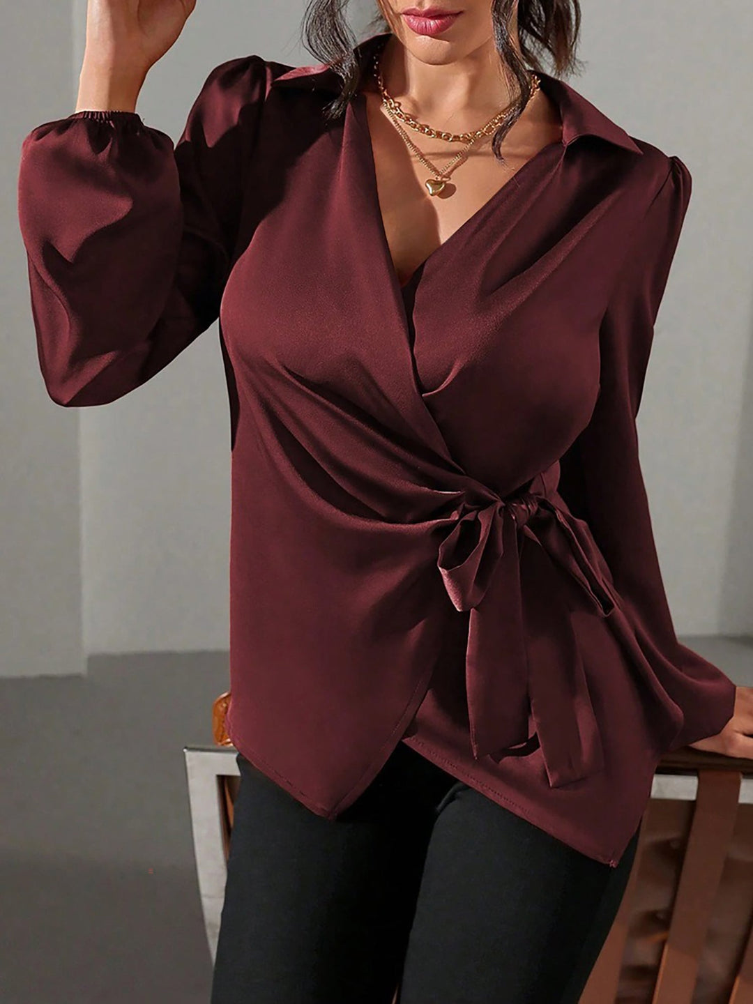Satin Wrap Tie Blouse