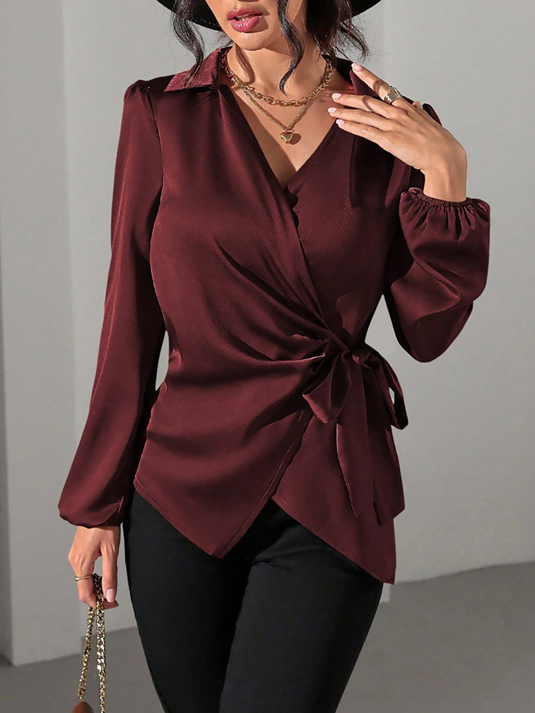 Satin Wrap Tie Blouse