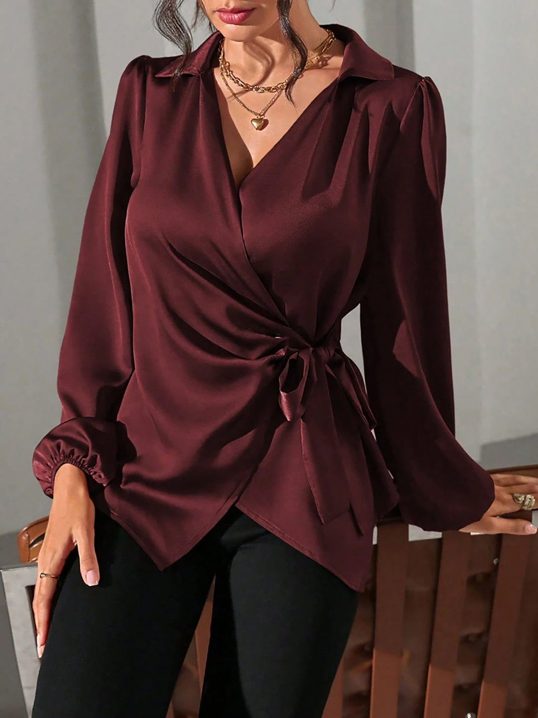 Satin Wrap Tie Blouse