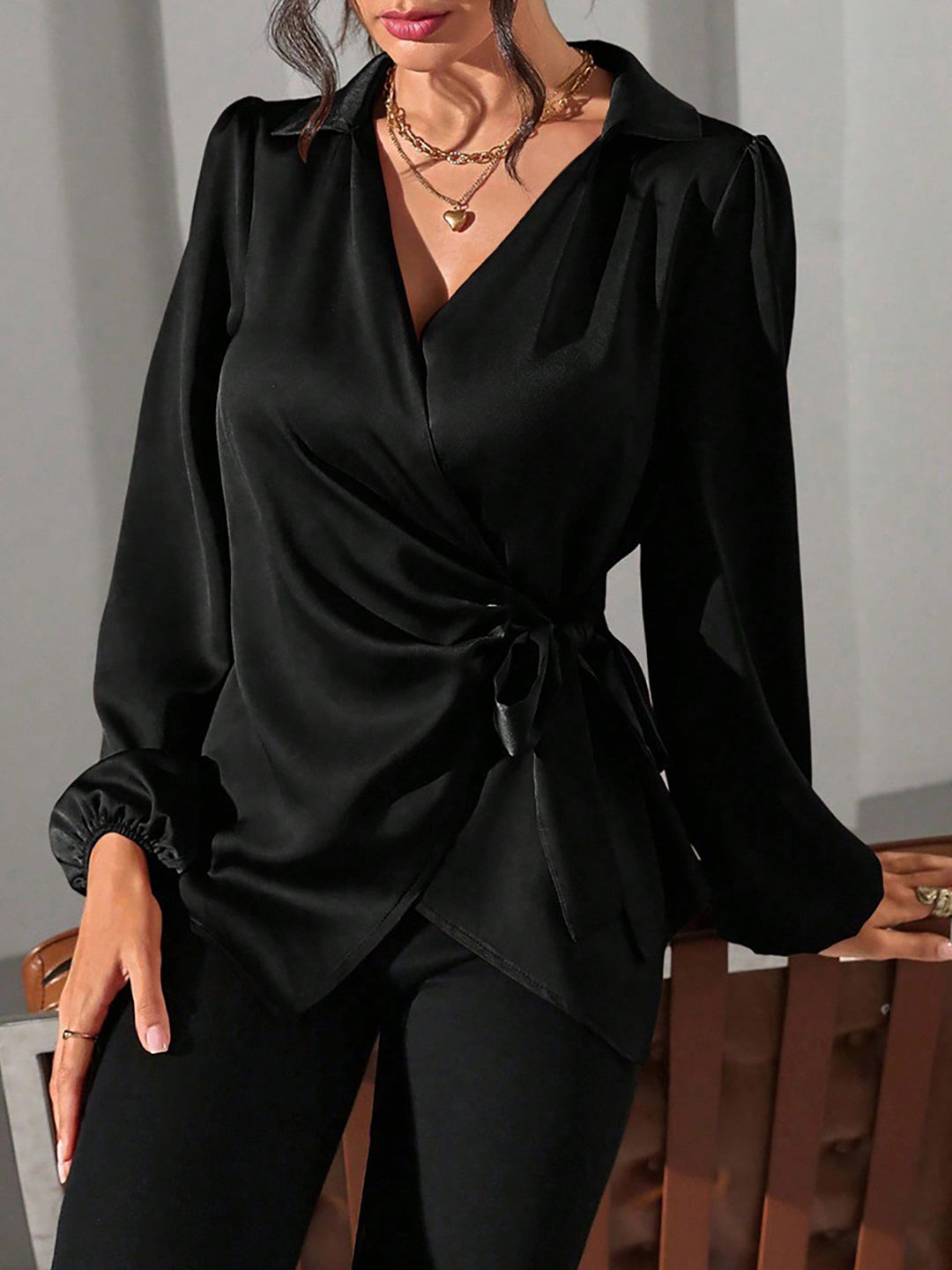 Satin Wrap Tie Blouse