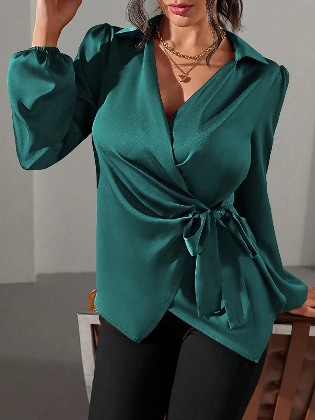 Satin Wrap Tie Blouse
