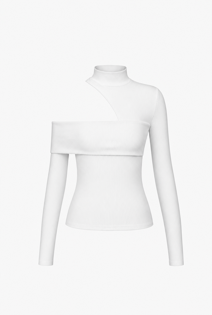 White Women's Fitted Long Sleeve Top with Cut Out Detail | Turtleneck