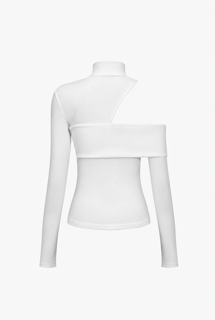 White Women's Fitted Long Sleeve Top with Cut Out Detail | Turtleneck