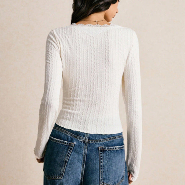 Women's Long Sleeve Top with Scallop V Neck | Crop