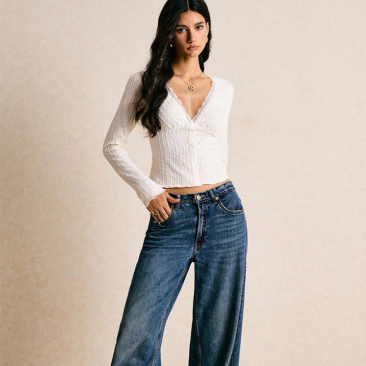Women's Long Sleeve Top with Scallop V Neck | Crop