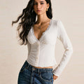 Women's Long Sleeve Top with Scallop V Neck | Crop