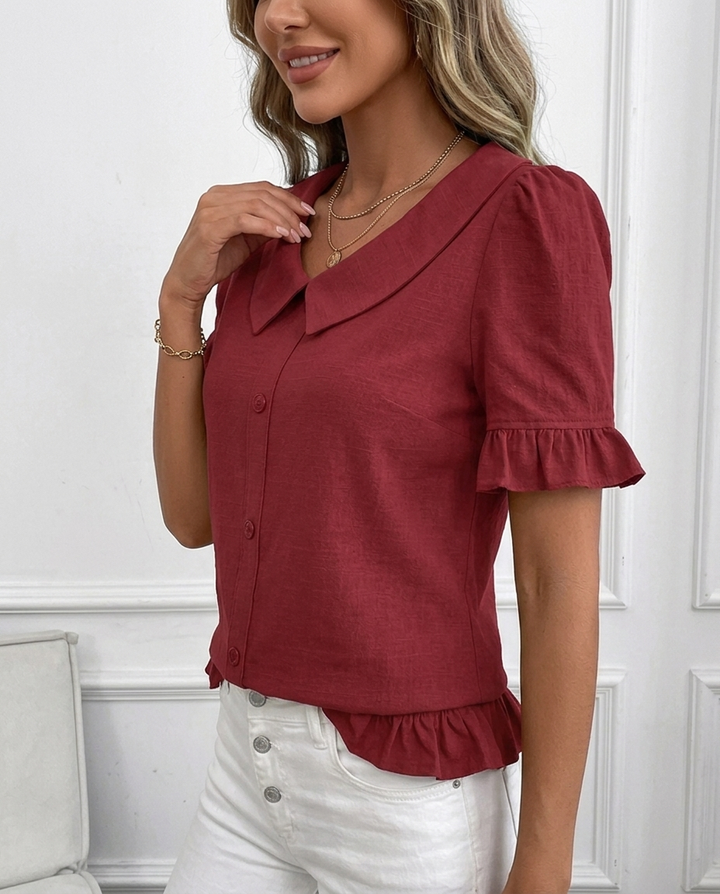 Women's Ruffle Hem Blouse with Collar & Buttons | Puff Sleeve