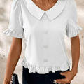 Women's Ruffle Hem Blouse with Collar & Buttons | Puff Sleeve