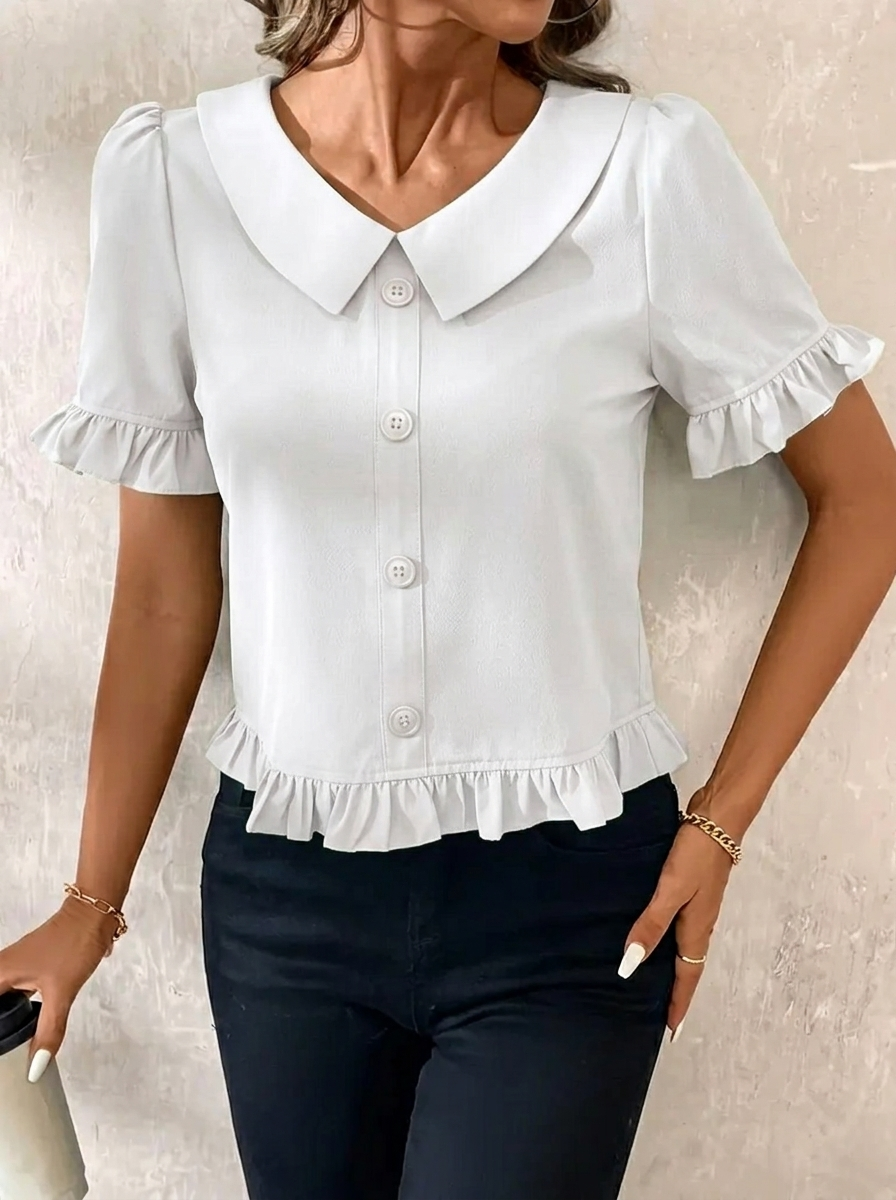 Women's Ruffle Hem Blouse with Collar & Buttons | Puff Sleeve