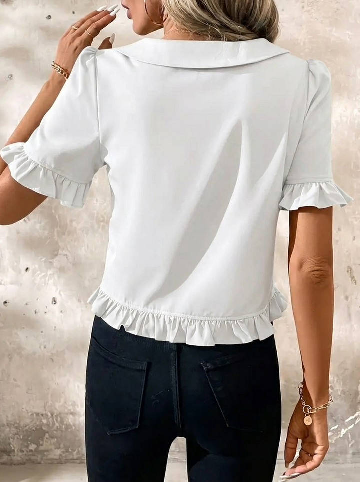 Women's Ruffle Hem Blouse with Collar & Buttons | Puff Sleeve