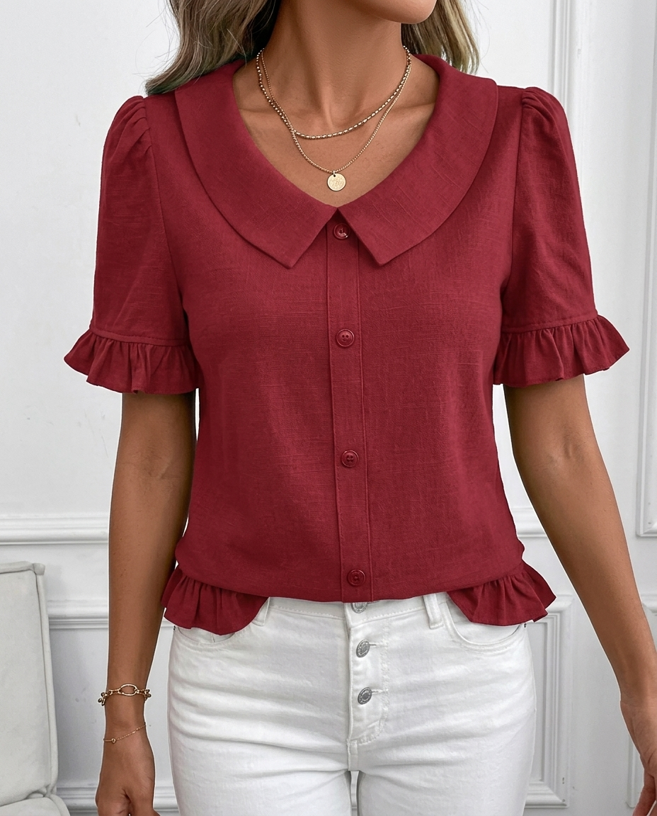 Women's Ruffle Hem Blouse with Collar & Buttons | Puff Sleeve