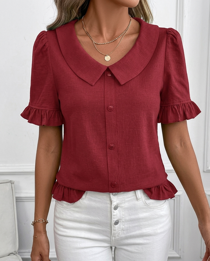 Women's Ruffle Hem Blouse with Collar & Buttons | Puff Sleeve
