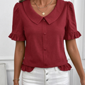 Women's Ruffle Hem Blouse with Collar & Buttons | Puff Sleeve
