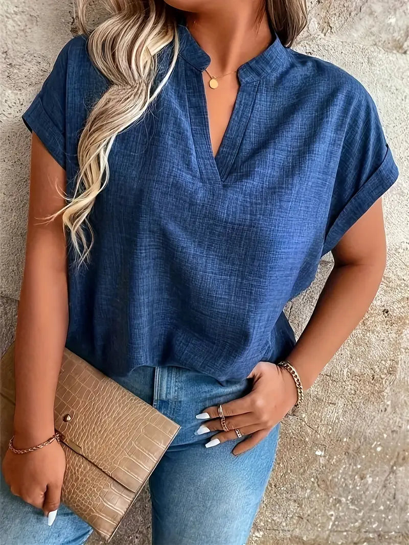 Women's V-Neck Blouse with Cuffed Sleeves | Relaxed Fit